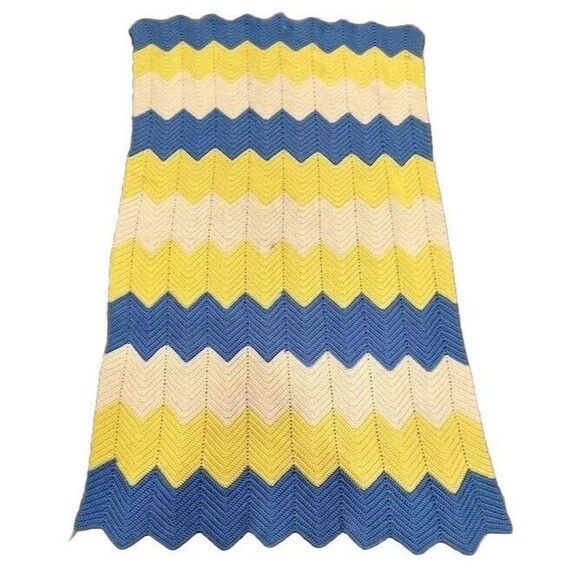 Handmade Vintage Afghan Chevron Crochet Blanket Throw Yellow, Blue 60" X 33" - Picture 1 of 6